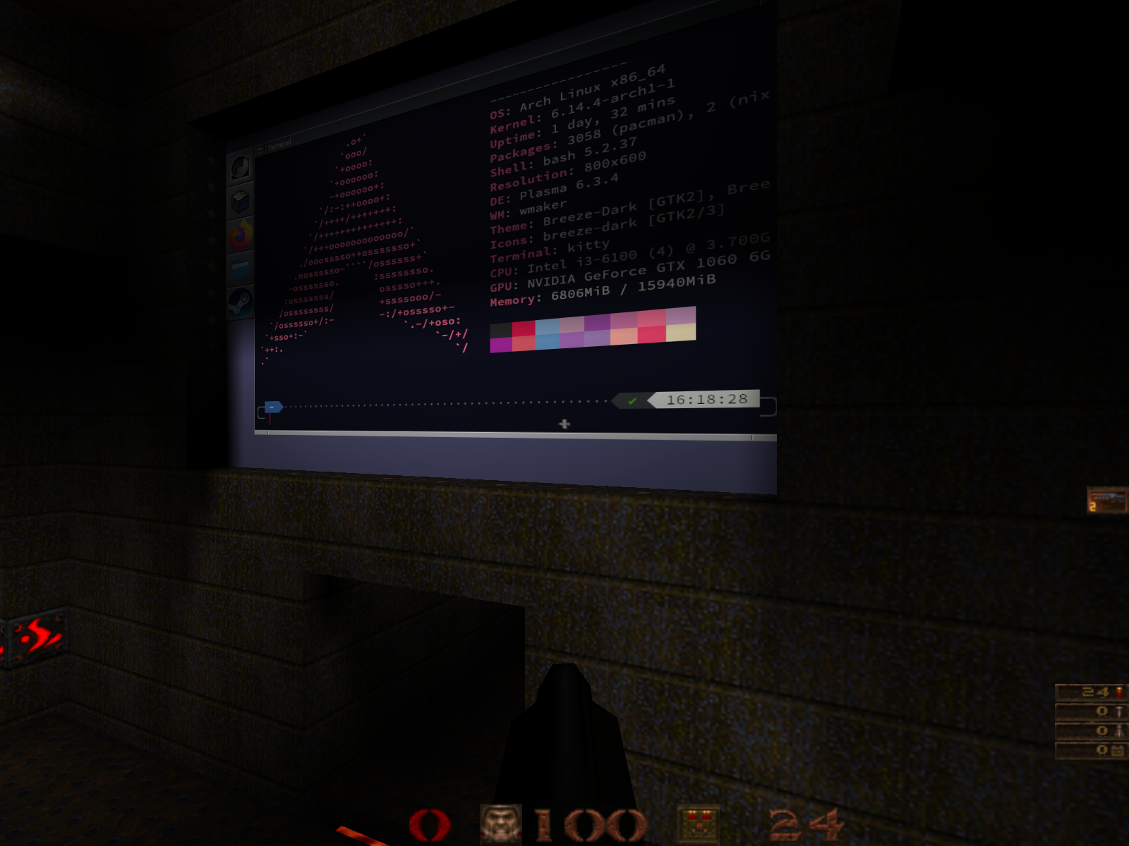 A screenshot of Quake running an X server drawing to a wall. the user's terminal is shown.