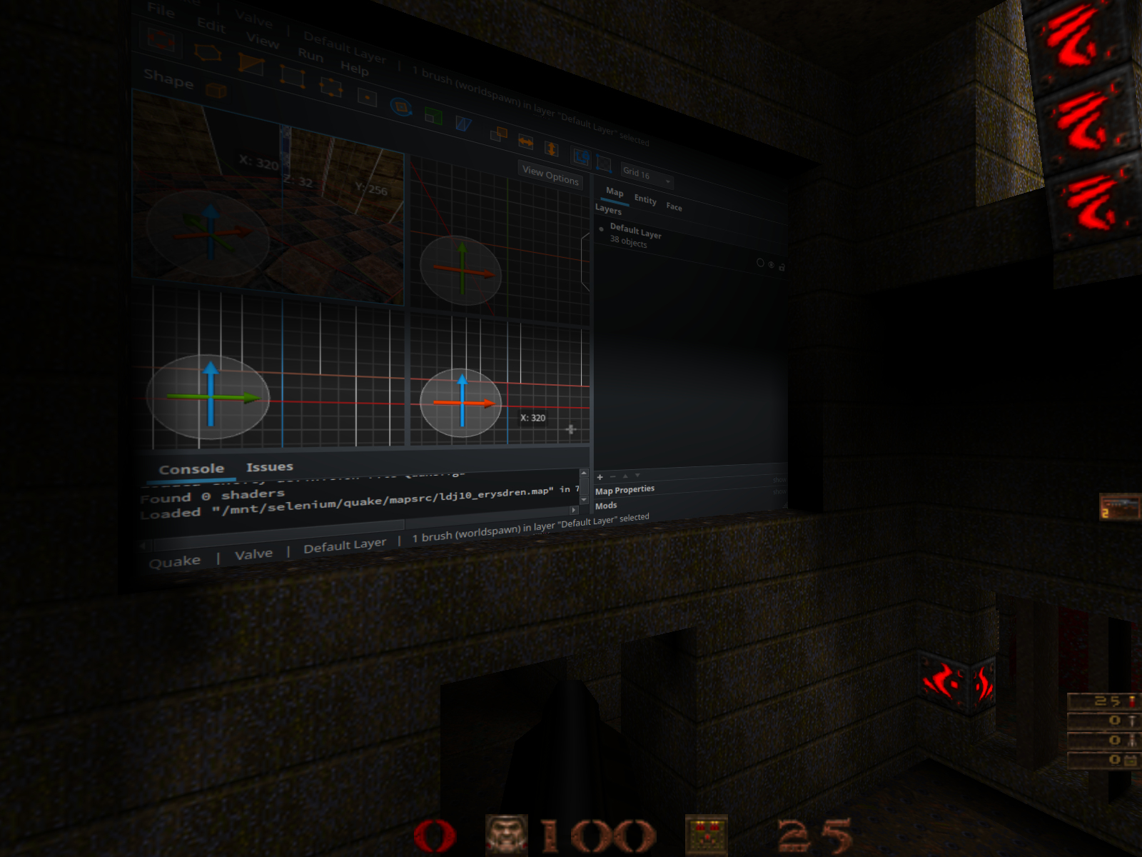 the TrenchBroom level editor running in a small window, rendered onto a wall inside Quake.