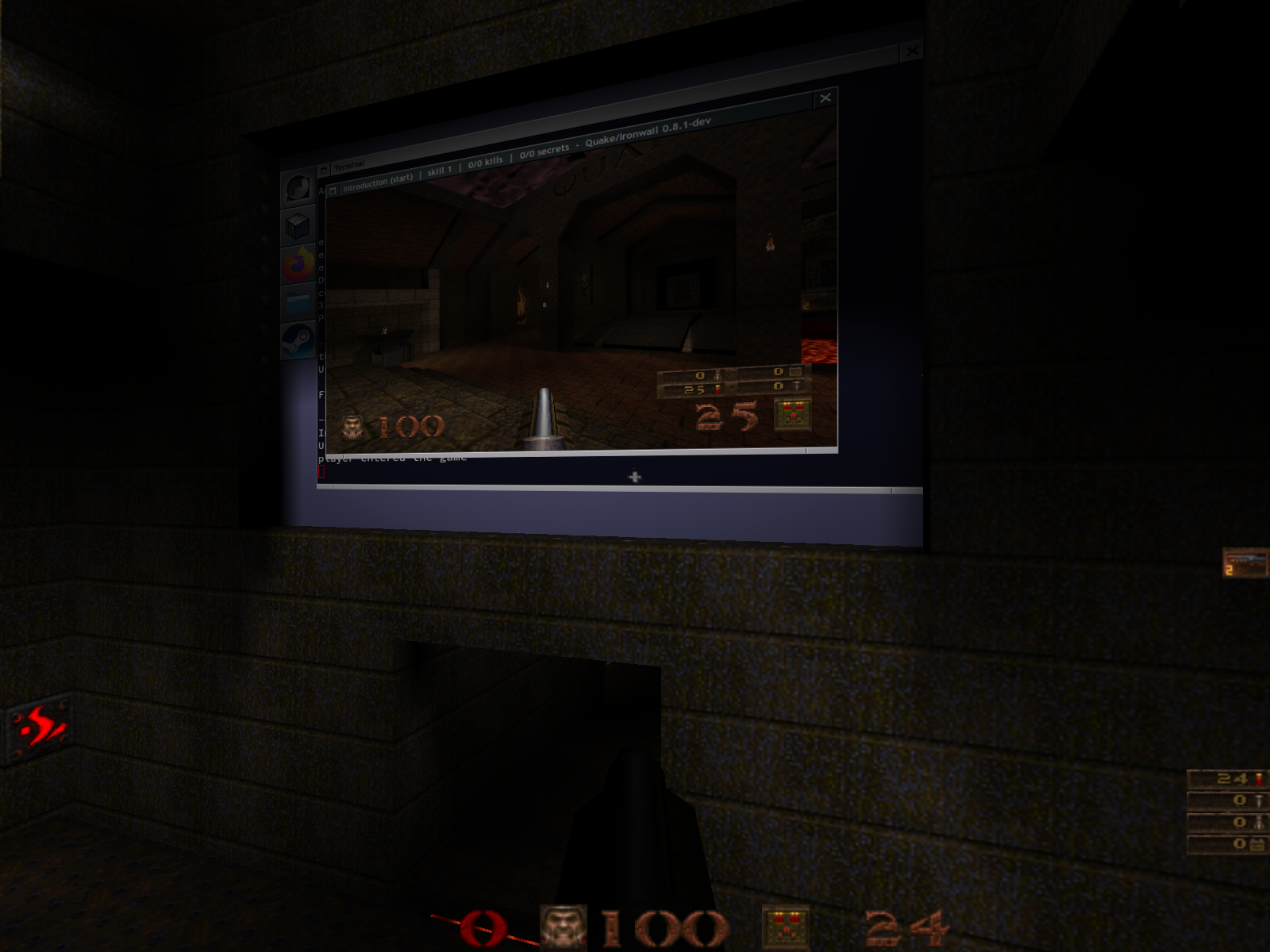Quake itself running on a wall inside a Quake map.