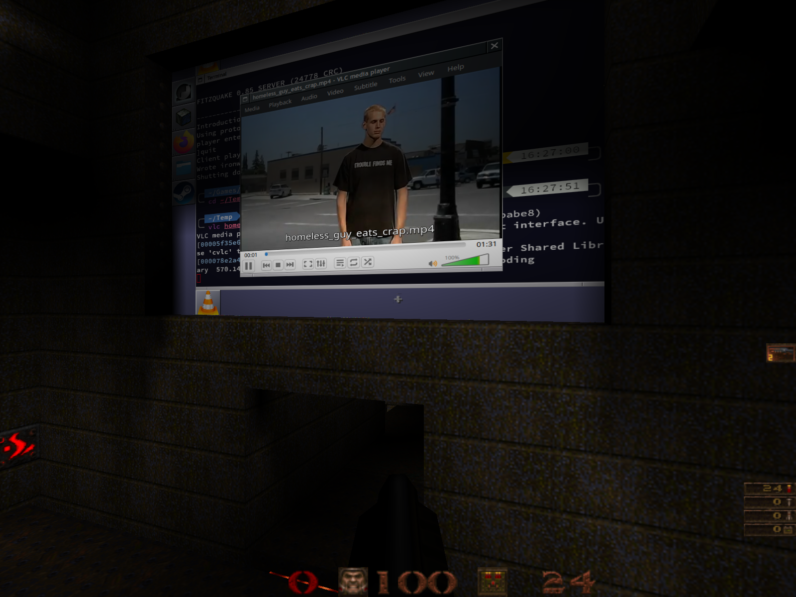 A video playing in a VLC window called "Homeless Guy Eats Crap" being drawn on a wall in Quake.